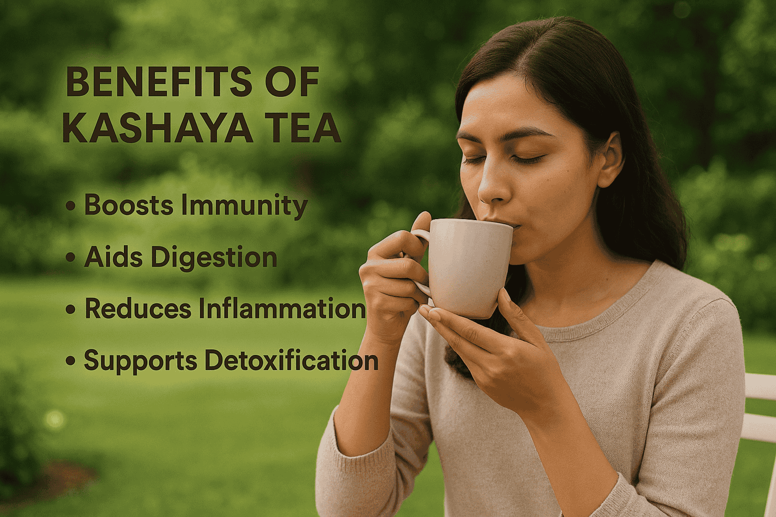 women taking a ship of kashaya tea or Herbal tea in the morning